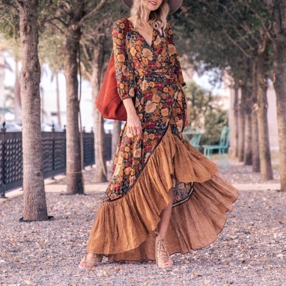 Ruffle hem floral orange boho gypsy maxi dress - Picture 4 of 13